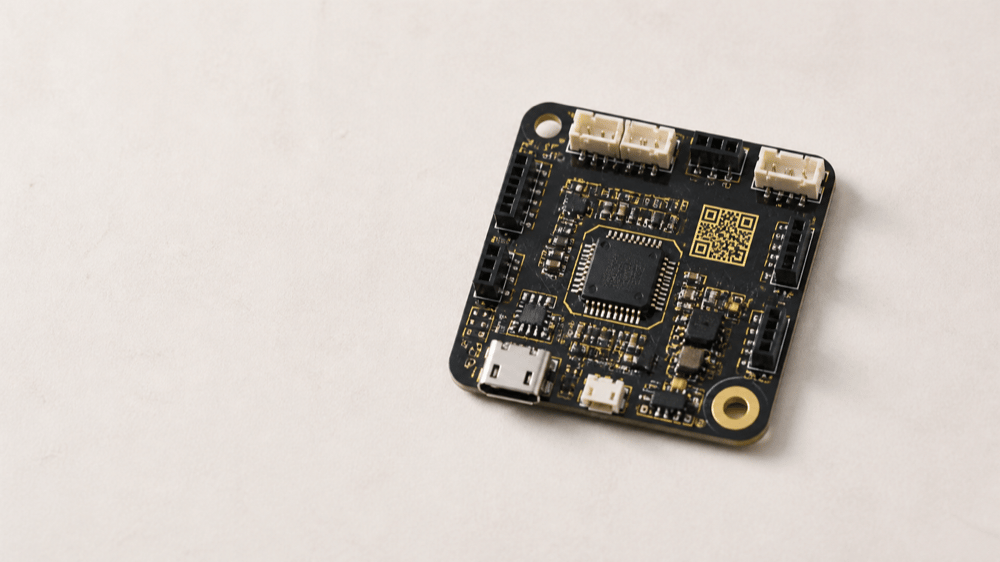 A custom PCB featuring labels and a machine-readable code created for a maker project