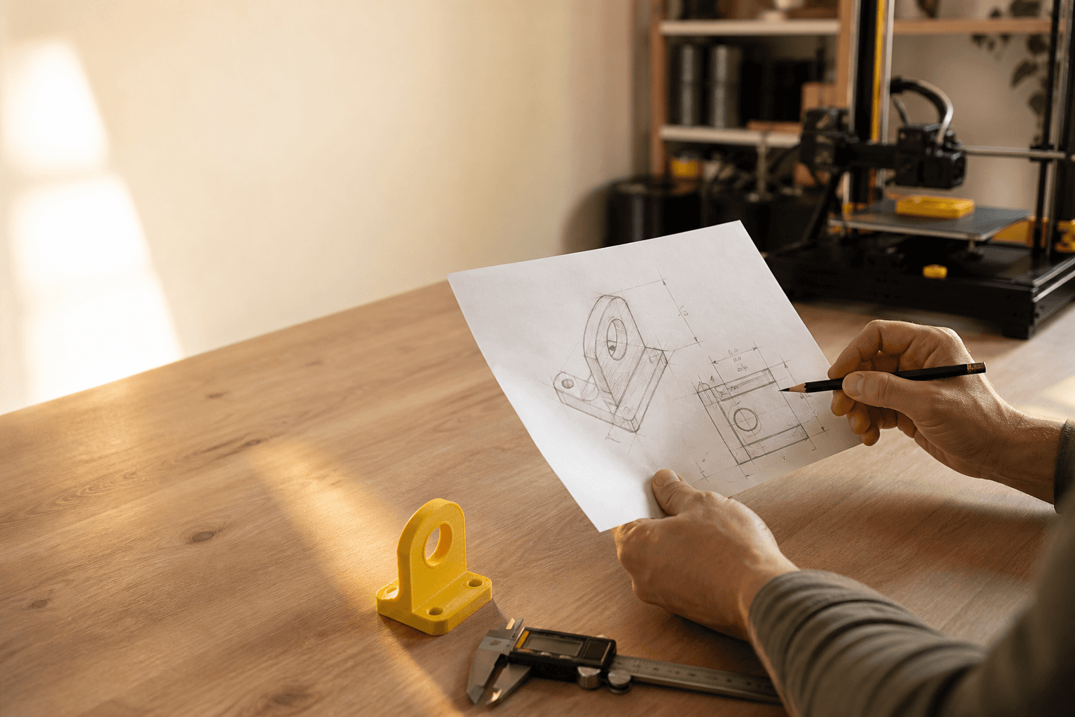 A product idea moving from a hand-drawn sketch towards a finished 3D printed part