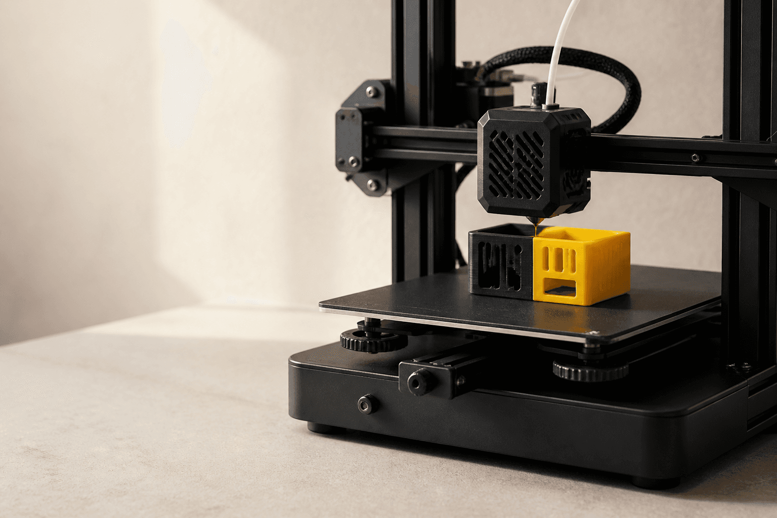 A desktop 3D printer producing a black and Kobee-yellow enclosure