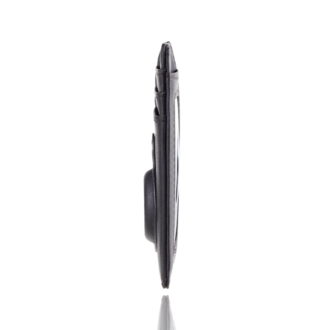 Slim side profile of the Unestie PU leather AirTag wallet