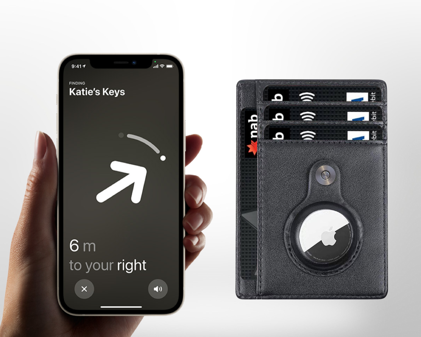 Unestie AirTag wallet shown with Find My tracking on an iPhone