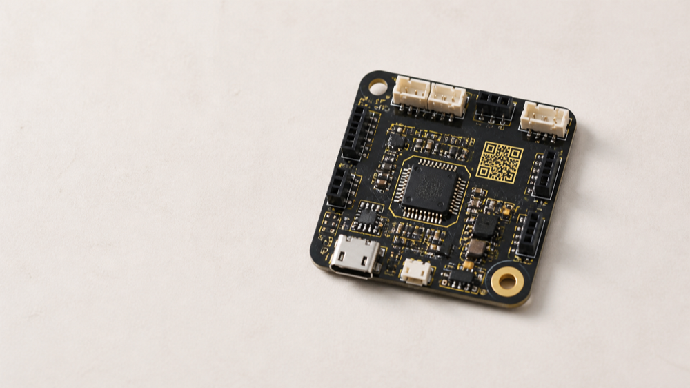 A custom PCB featuring labels and a machine-readable code created for a maker project